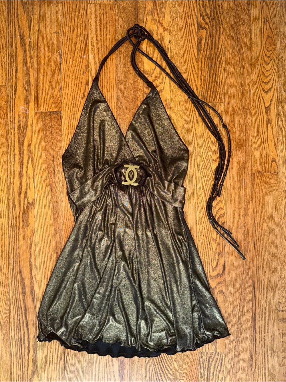 Vintage Y2K Belle Amie Metallic Gold and Black Babydoll Halter Top